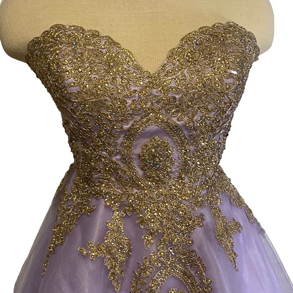 FIESTA FASHION Homecoming Purple Mesh Gold Sequin Prom Party Strapless Dress XL - Picture 4 of 16